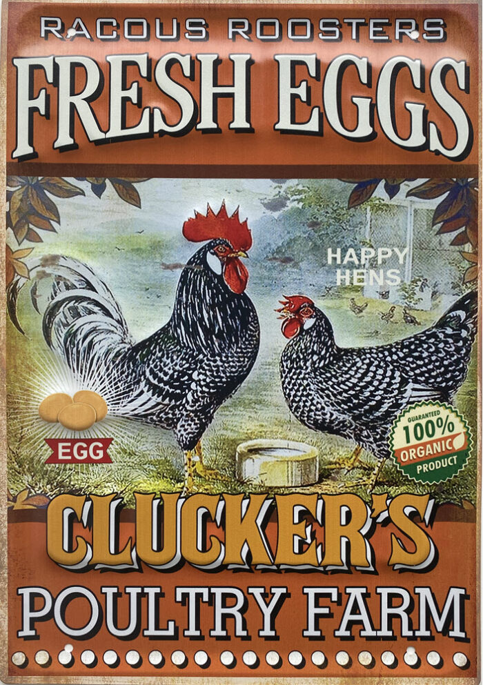 Retro metalen bord groot reliëf - Clucker's poultry farm