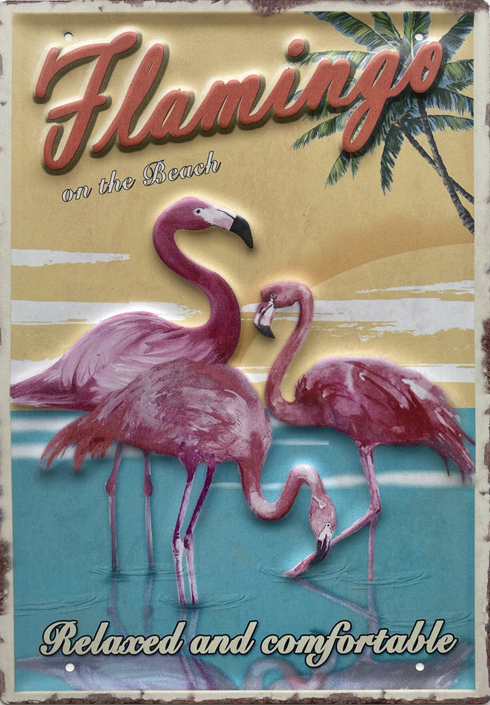 Retro metalen bord groot reliëf - Flamingo on the beach