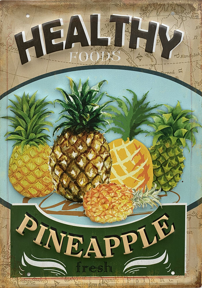 Retro metalen bord groot reliëf - Healthy foods pineapple