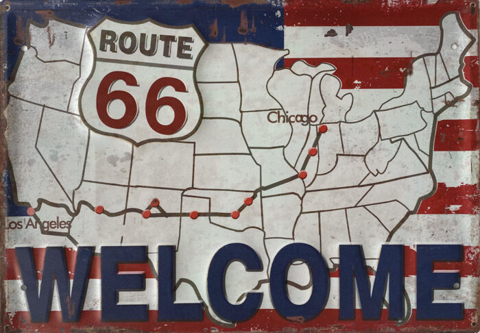 Retro metalen bord groot reliëf - Route 66 welcome
