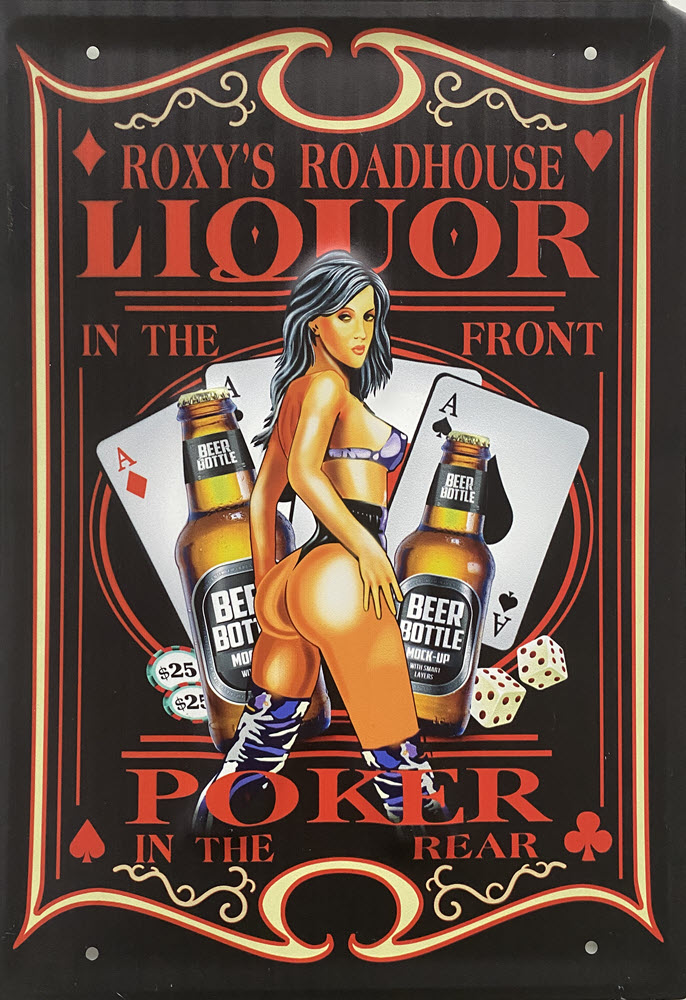 Retro metalen bord groot reliëf - Roxy's roadhouse liquor - poker