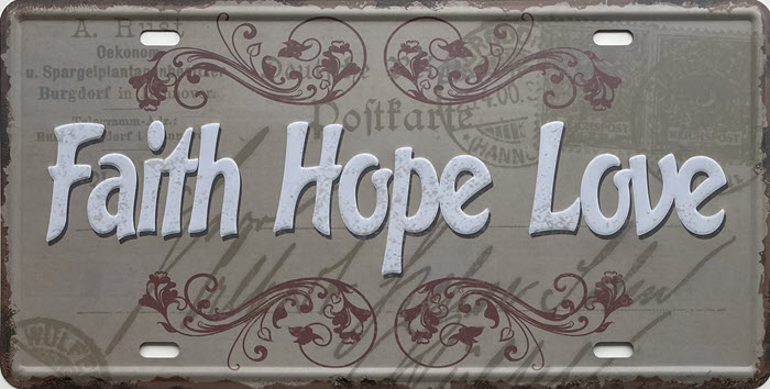 Retro metalen bord nummerplaat - Faith hope love
