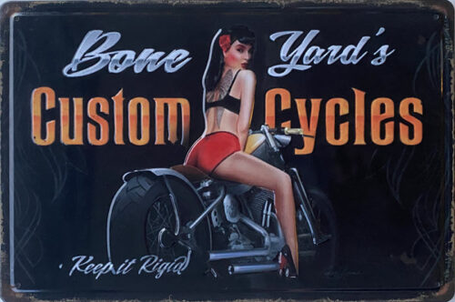 Retro metalen bord reliëf - Bone yard's custom cycles