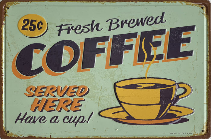 Retro metalen bord reliëf - Fresh brewed coffee