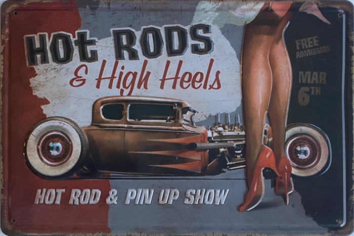 Retro metalen bord reliëf - Hot rods & high heels