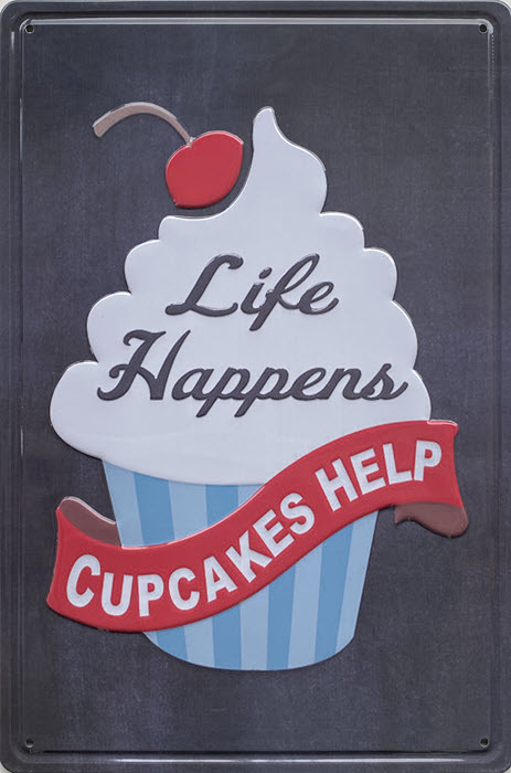 Retro metalen bord reliëf - Life happens cupcakes help