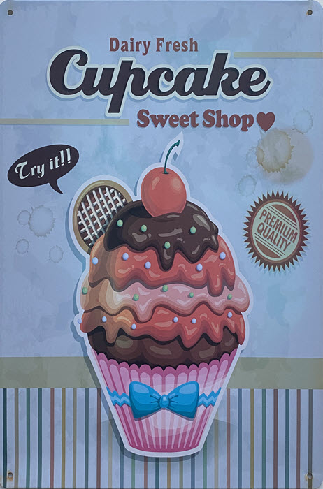 Retro metalen bord vlak - Cupcake sweet shop blue