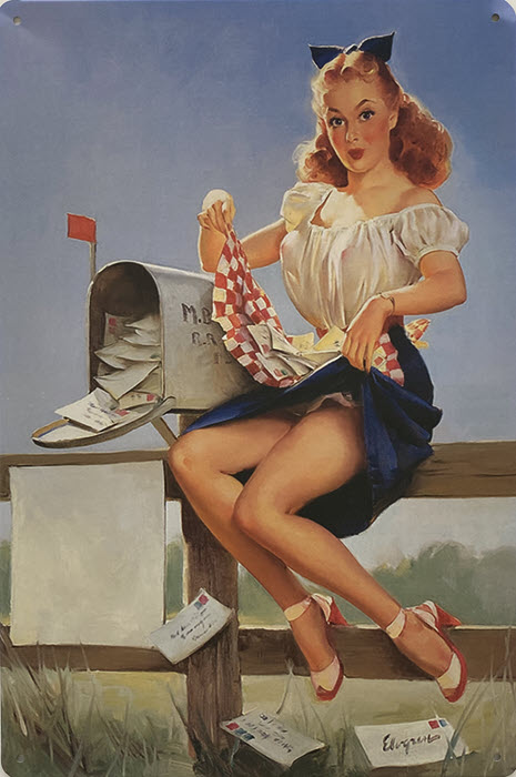 Retro metalen bord vlak - Girl beside mailbox
