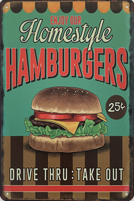 Retro metalen bord vlak - Homestyle hamburger