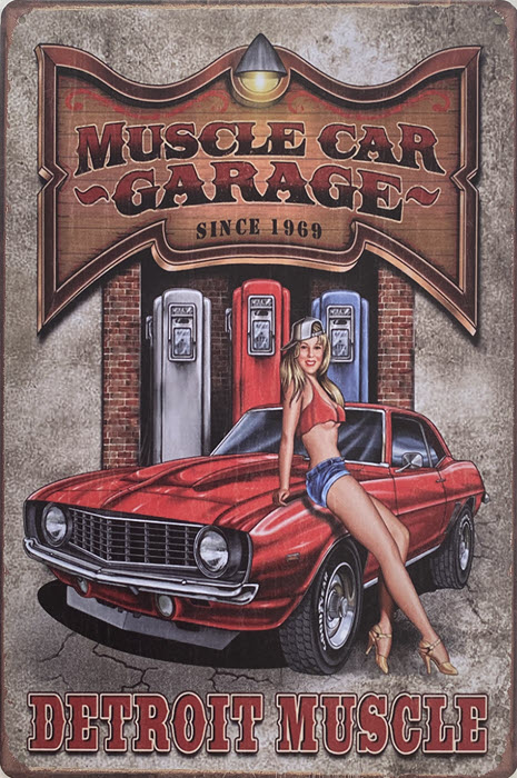 Retro metalen bord vlak - Muscle car garage
