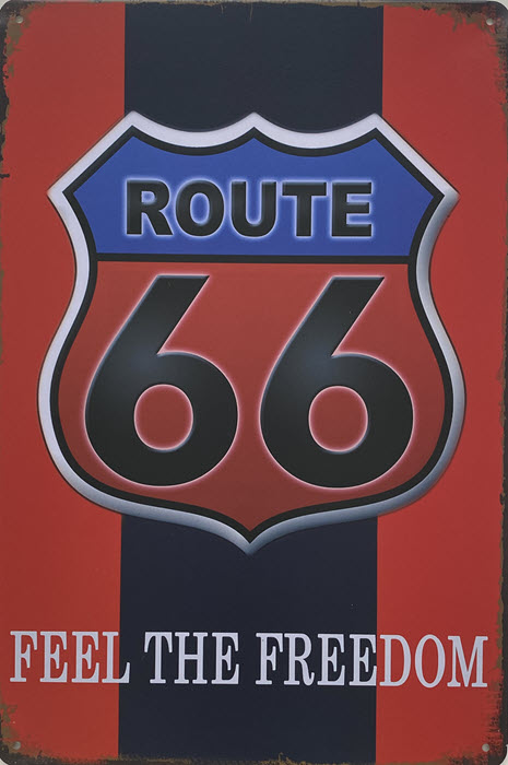 Retro metalen bord vlak - Route 66 feel the freedom