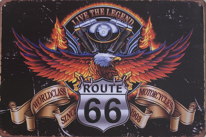 Retro metalen bord vlak - Route 66 worldclass motorcycles since 1903