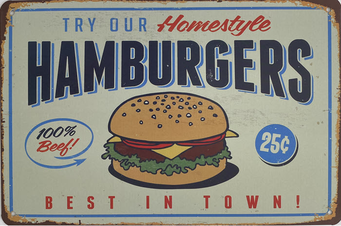 Retro metalen bord vlak - Try our homestyle hamburgers