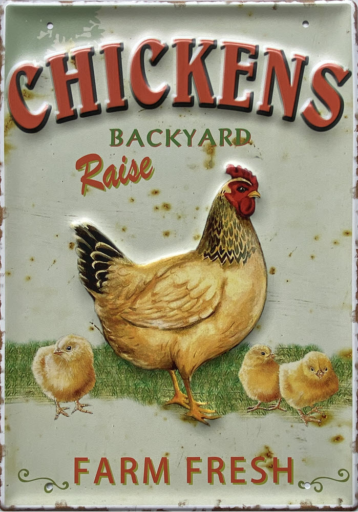 Retro metalen bord groot reliëf - Chickens