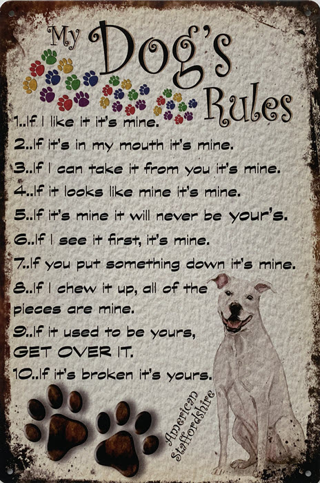 Retro metalen bord limited edition - My dog's rules American Staffordshire