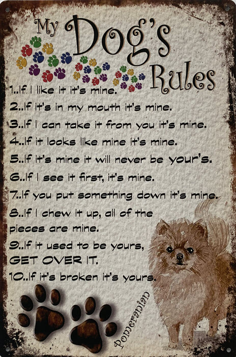 Retro metalen bord limited edition - My dog's rules Pomeranian