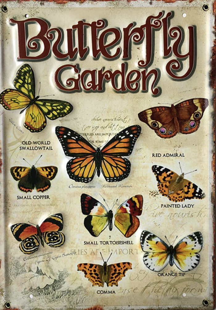 Retro metalen bord groot reliëf - Butterfly garden