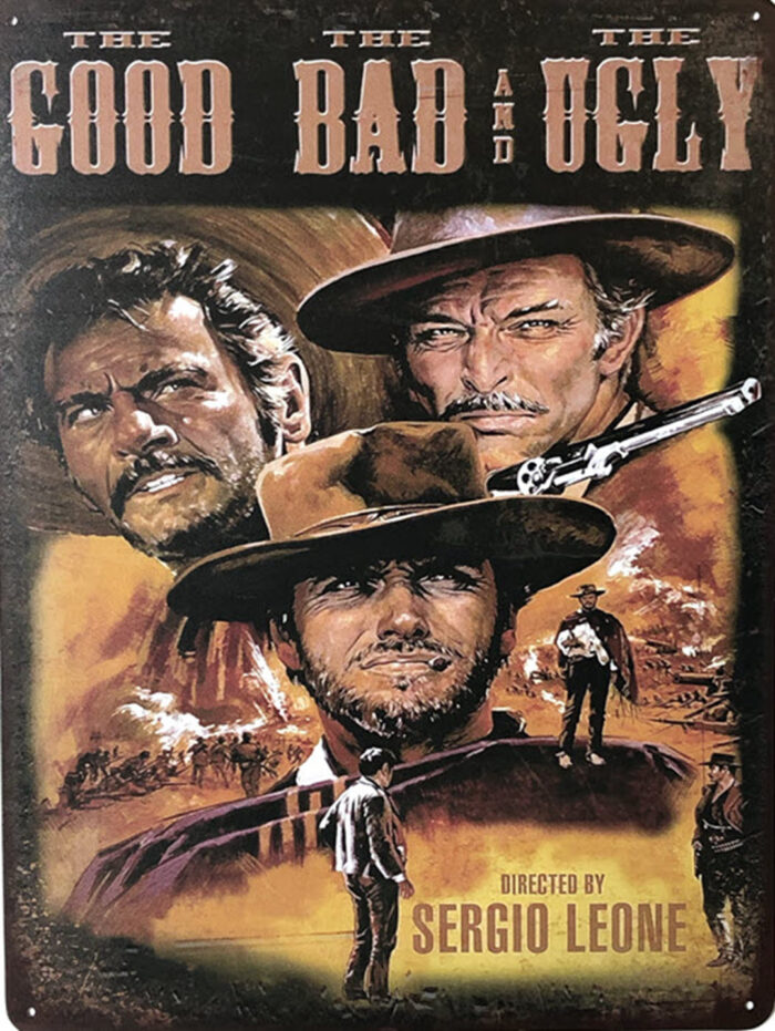 Retro metalen bord groot vlak - The good the bad and the ugly