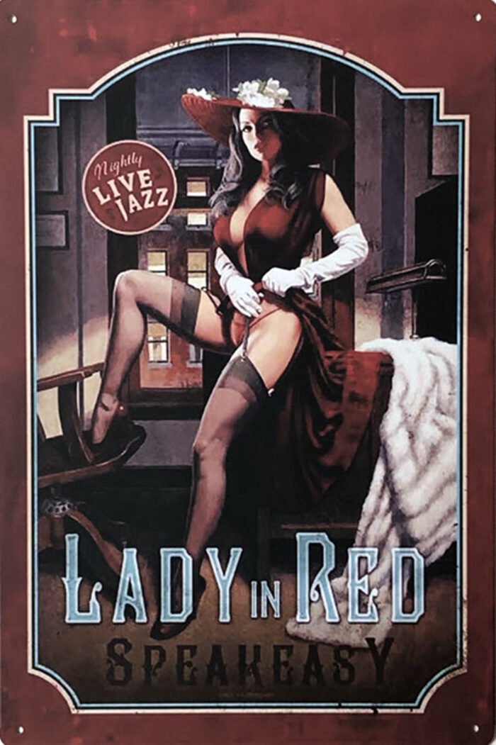 Retro metalen bord vlak - Lady in red