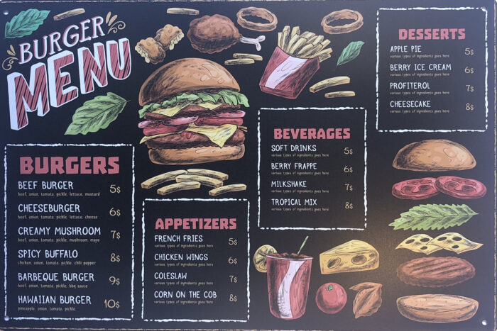 Retro metalen bord vlak - Burger menu