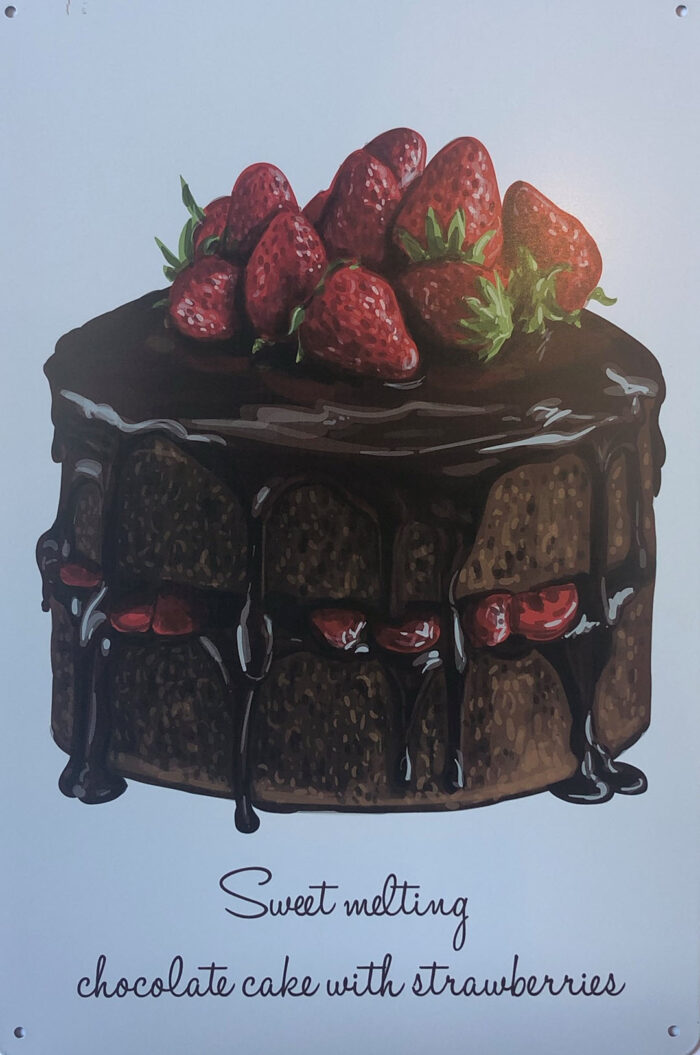 Retro metalen bord vlak - Cake chocolade en aardbeien