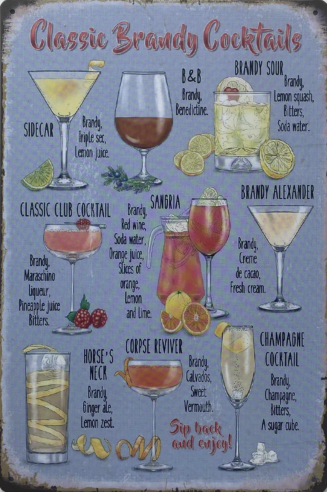 Retro metalen bord vlak - Classic Brandy Cocktails