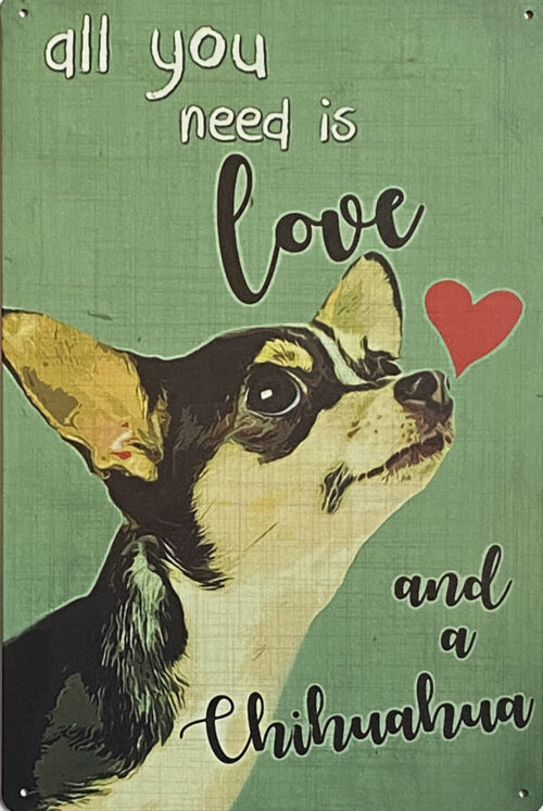 Retro metalen bord vlak - All you need is love and a Chihuahua