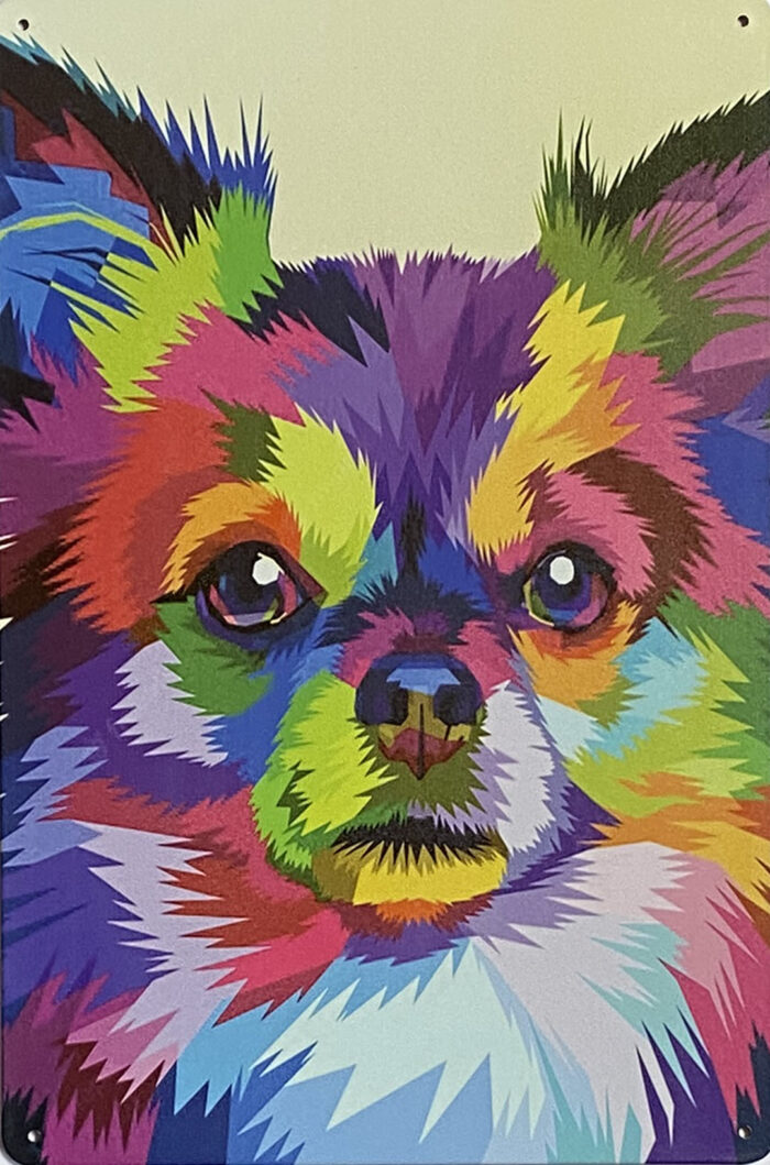 Retro metalen bord vlak - Hond felle kleuren zoom in