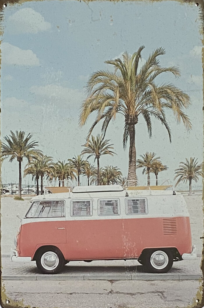 Retro metalen bord vlak - Volkswagenbus rood palmboom