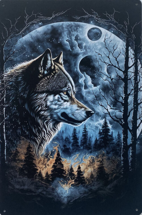 Retro metalen bord vlak - Wolf voor de maan