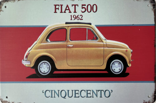 Retro metalen bord vlak - Fiat 500 geel