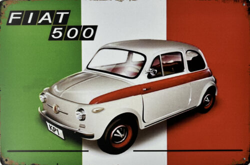 Retro metalen bord vlak - Fiat 500 wit met rood