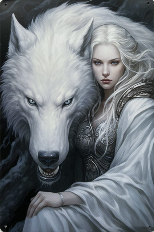 Retro metalen bord vlak - Meisje met witte wolf