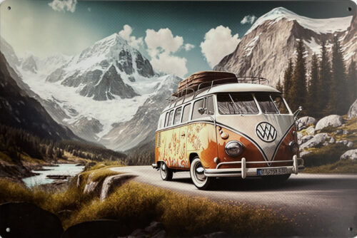 Retro metalen bord vlak - Rood Volkswagen busje in de bergen