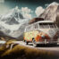 Retro metalen bord vlak - Rood Volkswagen busje in de bergen