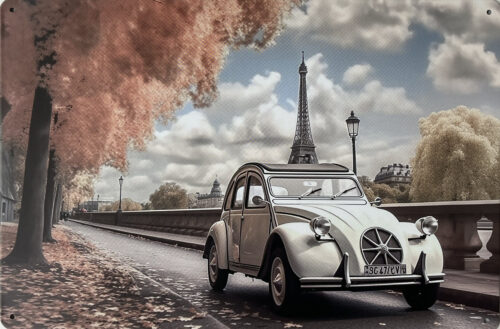 Retro metalen bord vlak - Witte auto voor Eiffeltoren