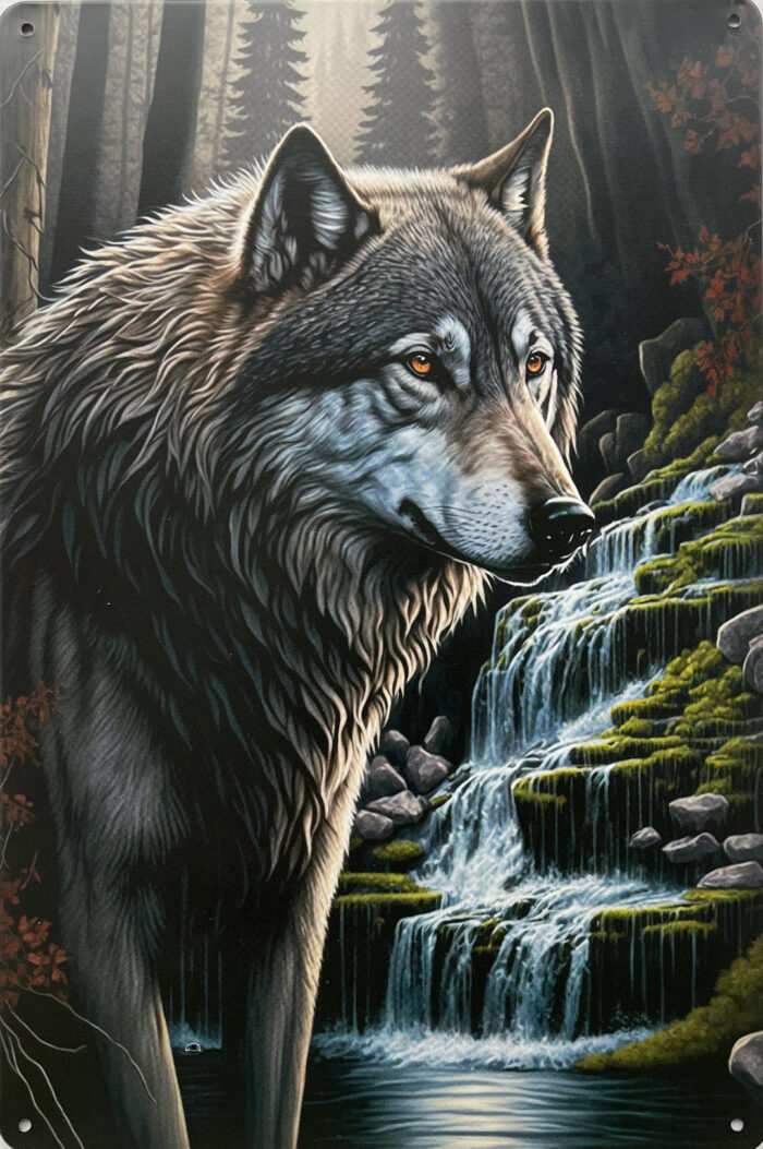 Retro metalen bord vlak - Wolf bij een waterval